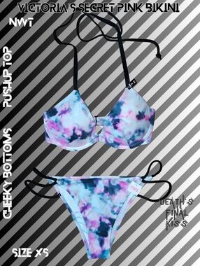 💥Victoria's Secret Pink Black Grey Tie Dye Push-up Itsy Teeny Strappy Bikini XS